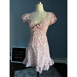 Ruby Sees pink floral short puff sleeve dress with front tie sz 8